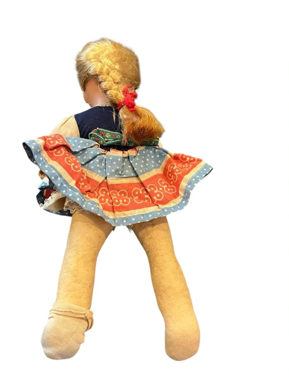 Antique 11” Composite Doll Blonde Braided Folk art Dress vintage